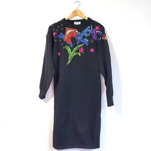 Vintage Sequin Sweater Dress, Vintage Cristina Knit LBD Winter Party Dress